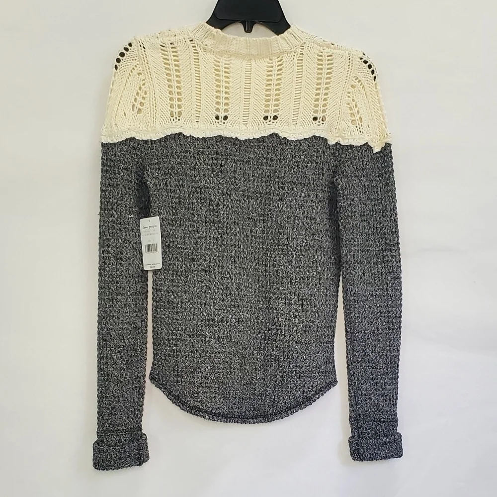 Free People Grey & White Crochet Lace Neck Knit Sweater